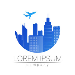 Obraz premium Real Estate Vector Logog with City and Skyline icons. Illustration for Brand Company Identity Concept Design Symbol with airplane