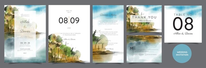 Set of Wedding Invitation, floral invite, thank you, rsvp rustic card design with gold foil decoration. Vector elegant modern template, trendy cover, graphic poster, retro brochure, design template