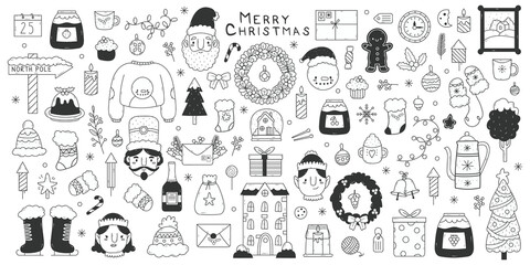 Christmas doodle elements. Winter holidays hand drawn Santa, snowflakes, gifts and snowman vector illustration set. Cute Christmas doodle symbols
