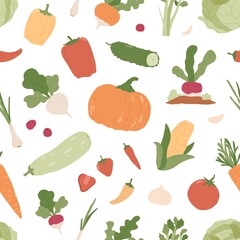 Seamless pattern with fresh organic vegetables and healthy vegetarian green food on white background. Endless repeatable texture with autumn veggies. Colored flat vector illustration for printing