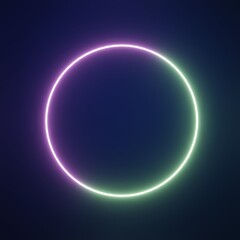 glowing circle with neon green and purple colors against dark blue background, 3d render illustration 