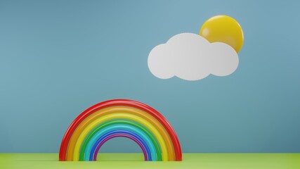3d render of abstract nature with rainbow, sun and cloud, cartoony picture
