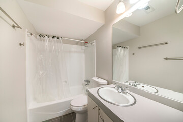 Interior of a small bathroom with gray and white tones