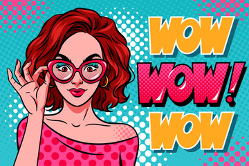 Surprised woman with short curly hair in glasses and wow word on colorful background. Comic style, pop art vector retro illustration.	