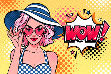 Woman holding heart shaped sunglasses and sun hat. Wow comic speech bubble. Comic style, pop art vector retro illustration.	
