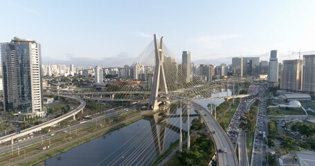 Fototapeta na wymiar Estaiada's bridge aerial view. São Paulo, Brazil. Business center. Financial Center. Great landscape. Famous cable-stayed bridge of Sao Paulo.