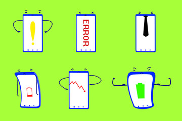 an illustration of a cartoon character in the form of a mobile phone with six kinds of expressions displayed, the colors in the illustration are limited and to give a minimalist and modern style