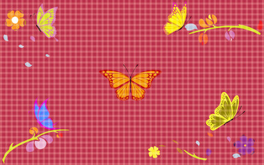 colorful butterfly and colorful flower on the red tablecloth