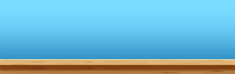 empty wood plank, plank table in front view, wooden desk, wood plank top on light blue for background, copy space