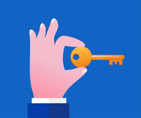 Hand with a key on dark blue background. Flat vector illustration