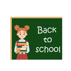 Little beautiful smiling girl holding a stack of books on the background of a green school board. Childhood. the child is holding books. Training. Back to school. Flat style. Vector illustration