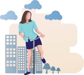 flat design female character riding a bicycle city background