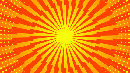 Pop art background. Comic pattern with starburst and halftone. Cartoon retro sunburst effect with dots. Yellow banner. Vintage sunshine texture. Vector illustration.