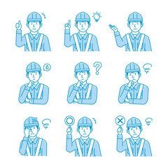 Male blue collar worker gesture variation illustration set