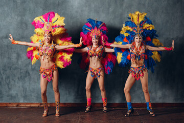 Three Woman in brazilian samba carnival costume with colorful feathers plumage full lenght hight gray vintage background