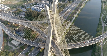 Estaiada's bridge aerial view. São Paulo, Brazil. Business center. Financial Center. Great landscape. Famous cable-stayed bridge of Sao Paulo.
