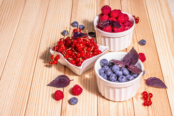 Assorted ripe berries in bowls. Fresh raspberries, blueberries, and red currants