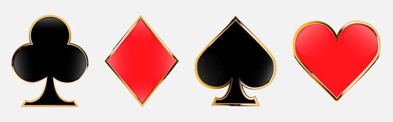 Suit deck of playing cards with golden outline. Design for playing poker and casino. Vector illustration isolated on white background