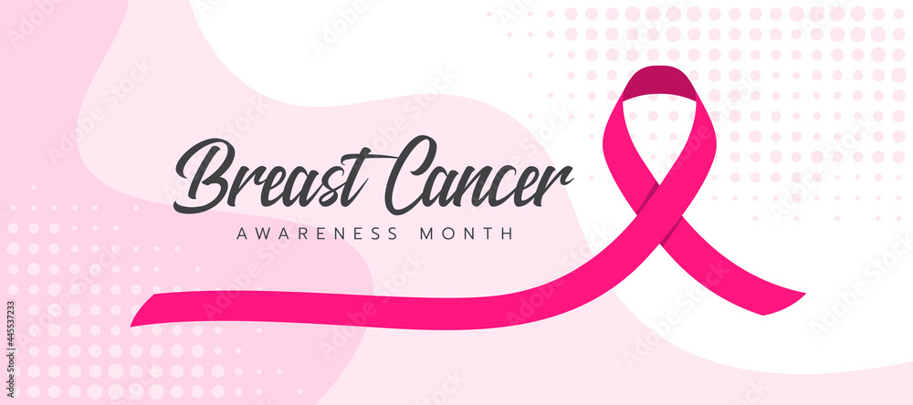 Aufkleber breast cancer awareness month text and pink ribbon sign on abstract curve sharp and circles dot text