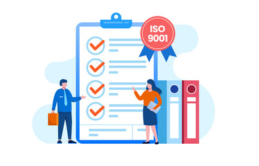 People meeting quality control standards and getting certificate ISO 9001. quality management certification, industry concept. Flat Vector template 
 - obrazy, fototapety, plakaty