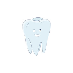 Cute tooth in cartoon style isolated on white background. Vector illustration, molar icon with eyes, mouth and handles.