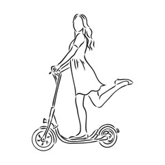 Continuous line woman rides an electric scooter with raised leg