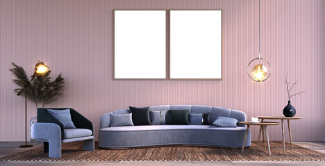 3d rendering,3d illustration, Interior Scene and Frame mockup,Two large frames, slatted walls, gray three-seat sofa, gray armchair, brown rug, wood grain floor. - obrazy, fototapety, plakaty