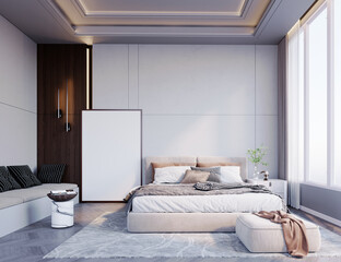 3d rendering,3d illustration, Interior Scene and Frame mockup, Bedroom in gray tone, dark wood wall decoration and wall lamp, long built-in seat large floor frame.