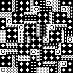Abstract mosaic pattern with rectangles, circles, stars of different size. Black and white. Vector