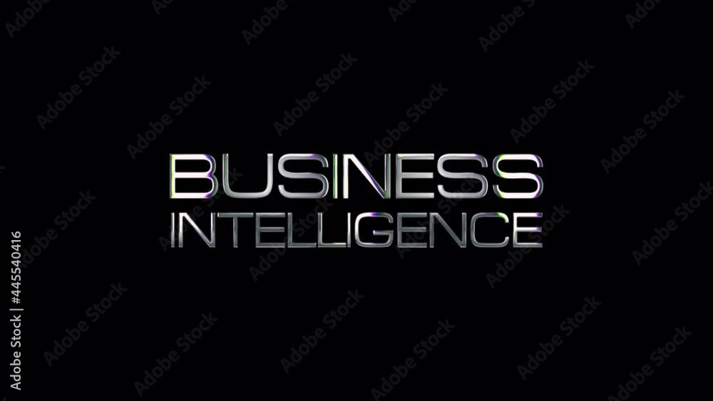 Poster business intelligence glitch text effect with silver light glowing loop animation. 4k 3d isolated qu
