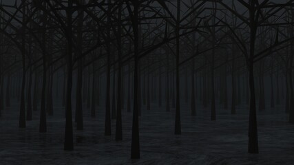 3d illustration of trees in the forest. very dark and foggy forest.
