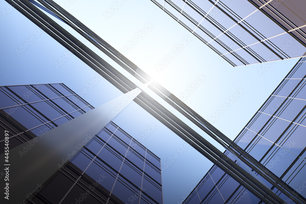 Poster low angle view of futuristic architecture, skyscraper of corporate office building, 3d rendering.