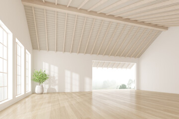 Obraz premium 3d render of empty room with white wall and vase of plant on wooden laminate floor.
