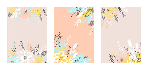 Set of vector backgrounds with hand painted plants in pastel colors. Greeting card, poster. Decorative floral design elements.