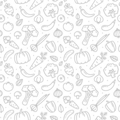 Cartoon Vegetables  linear icons and symbols seamless vector pattern on white background. Linear harvest icons collection of Vegetables endless background