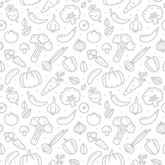 Cartoon Vegetables  linear icons and symbols seamless vector pattern on white background. Linear harvest icons collection of Vegetables endless background