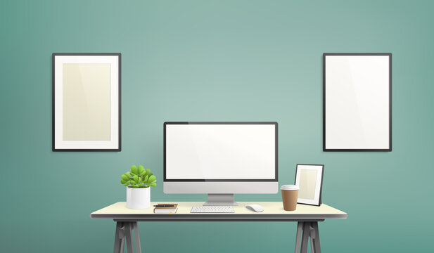 Vector interior work place template with computer desktop display and blank mockups posters in frame on wall. Editable Mockup set of creative workspace background with  copmuter desktop and frame