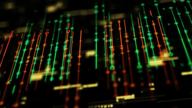 Blurred abstract light streak neon glowing stripes data equalizer in loop animated cyber tech grid background 4K UHD 3D video