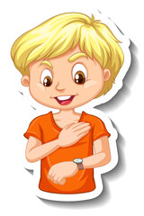 Sticker a boy cartoon character looking at wristwatch