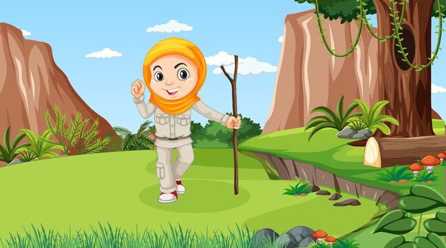 Nature scene with a muslim girl cartoon character exploring in the forest