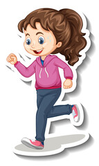 Cartoon character sticker with a girl jogging on white background