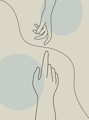 Continuous line vector illustration of two hands barely touching one another. Simple sketch of two hands made of one line, love concept. Hand boho poster art