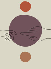 Continuous line vector illustration of two hands barely touching one another. Simple sketch of two hands made of one line, love concept. Hand boho poster art
