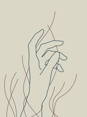 Continuous line vector illustration of two hands barely touching one another. Simple sketch of two hands made of one line, love concept. Hand boho poster art