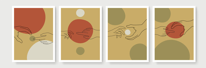 Boho doodle mystic poster set with hand line art. Magic simple hand drawn logo icons with hand blob line and gesture. Abstract vector illustration
