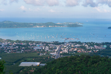 Fototapeta na wymiar Aerial view of chalong Bay, parking of yachts and catamarans