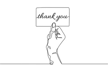 Continuous one line of hand holding card with quote thank you in silhouette on a white background. Linear stylized.Minimalist.