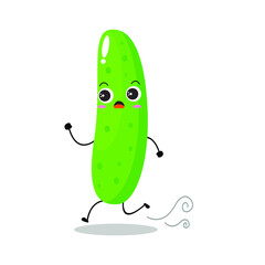 Vector illustration of cucumber character with cute expression, panic run, happy, funny, cucumber isolated on white background, simple minimal style, vegetable for mascot collection, emoticon, kawaii