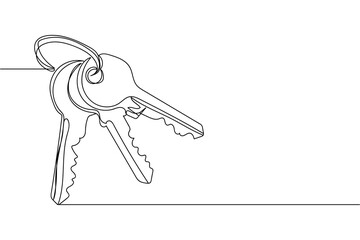 Continuous one line of keys in silhouette on a white background. Linear stylized.Minimalist.