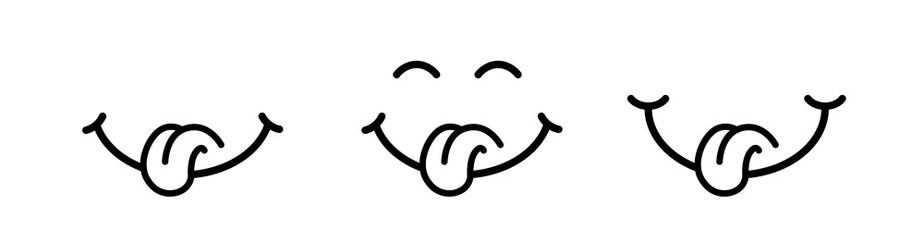 Face smile vector icon set. Yummy smiley icon delicious with tongue. Tasty food eating emoticon face. Flat design style.